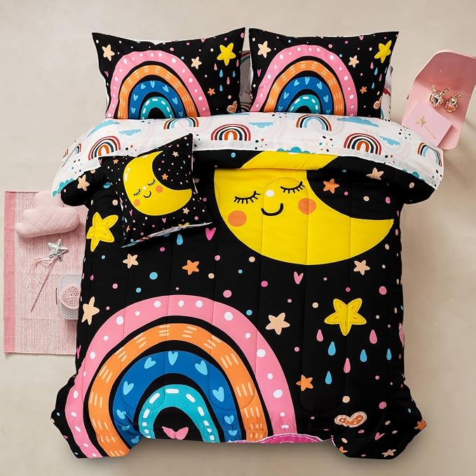 A Nice Night Lightweight Soft Cartoon Rainbow 6Pcs Queen Comforter Sets, Love Hearts Printed Bedding Set for Boys Girls(Black,Queen)