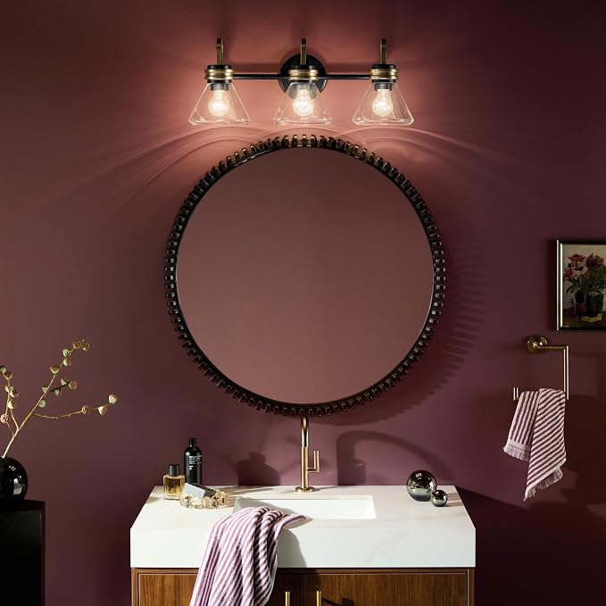 Kichler Farum 3-Light Bathroom Vanity Light, Black | Modern vanity light with clear glass for single or double bathroom mirrors (26" x 9.5" x 9.5"), 55155BKCLR