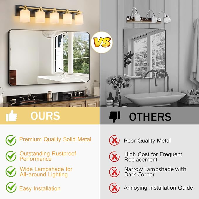 Modern Bathroom Light Fixtures Over Mirror, Vanity Lights for Bathroom Wall Sconces with Milky White Glass Shades, E26 Socket (Bulbs Not Included), 5 Light, Black Gold