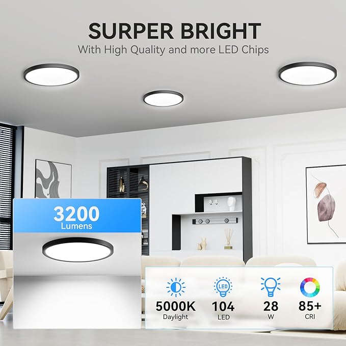 3200lm LED Flush Mount Ceiling Light, Super Slim 12 inch LED Ceiling Light, 5000K LED Ceiling Light for Bedroom, Living Room, Dining Room,Garage,Office (Black, 8 Pack)