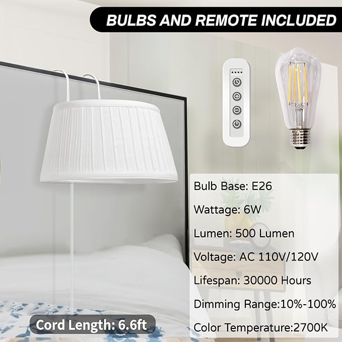 Bed Reading Light, Headboard Light Reading Lights for Books in Bed with Adjustable Hook, Eye Caring Soft Fabric Shade Bedtime Reading Lamp Plug in, LED Bulb Included (White)