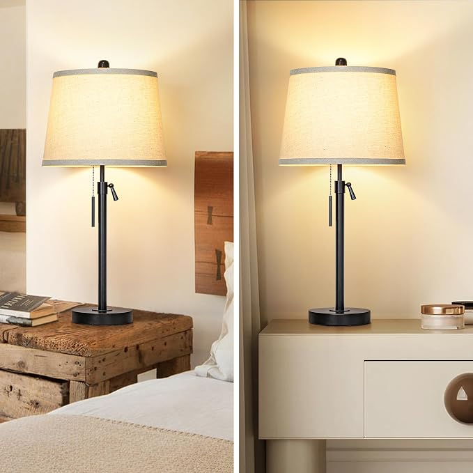 Black Bedside Lamp Tall Table Lamp 22" to 30" Adjustable Height 3 Brightness Way Nightstand with Beige Linen Shade Pull Chain Pole Lights for Living Room Guest Bedroom End Table(Bulb Included, Single)