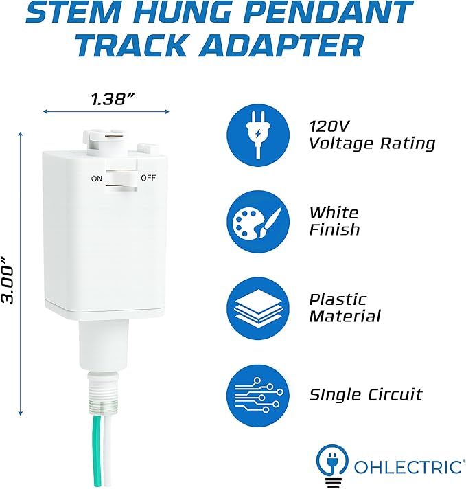 OHLECTRIC Stem Hung Pendant Track Adapter, White (2-Pack) – for Single Circuit Track, 120V – Supports Indoor Dry Locations – Durable Plastic Construction with cULus Listing