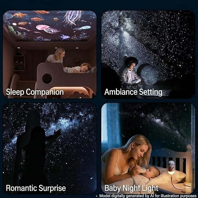 2-in-1 Galaxy Ocean HD Smart Dynamic 5D Holographic Night Light Projector | Plug and Play, USB Portable, Adjustable Brightness, 360° Rotating Design, Star Starry Sky Mini Projector for Bedroom Ceiling