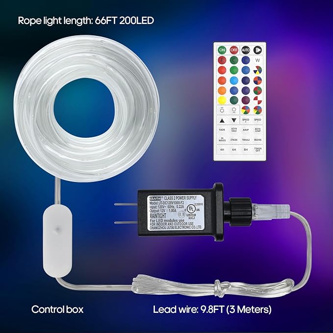 Rope Lights for Outside, 66FT 200 LED Color Changing Rope Lights with Plug & Remote 24 Colors RGB Twinkle Light Indoor, String Light Outdoor Waterproof for Christmas (66FT (Not Connectable) 7mm)