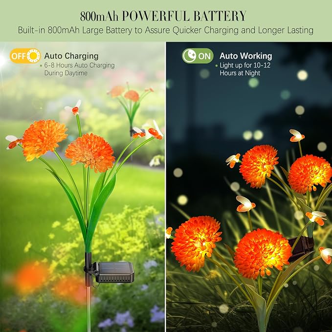 Solar Garden Lights, 6 Pack Swaying Bee Lights with Flowers, Waterproof Firefly Light Outdoor for Garden Patio Yard Pathway Decoration, Gifts for Women Mother's Day