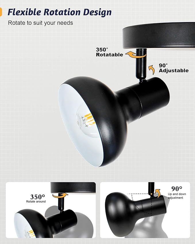 HiBay 3-Light Track Lighting, Farmhouse Ceiling Light Fixtures Black, Directional Spotlight Round for Kitchen Bedroom Dining Room, E12 Base (Bulbs Not Included)