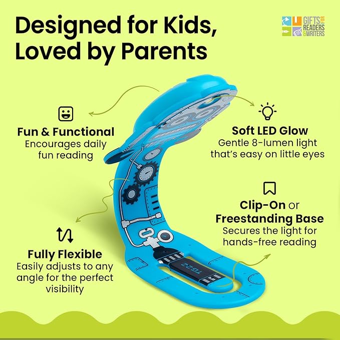 Gifts for Readers & Writers Book Light for Kids, Clip On Reading Light for Bed, 2in1 Flexilight Pals & Bookmark, Small & Lightweight with a Soft Glow, 2 Batteries Included, Robot Blue