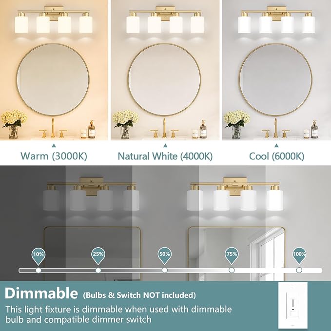 Gold Bathroom Light Fixtures Vanity Lighting Over Mirror | 4-Light Modern Wall Sconces with Milky White Frosted Glass Shades for Restroom (E26 Socket)
