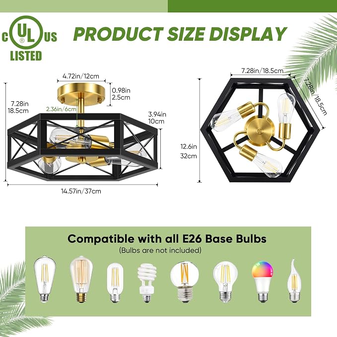 3-Light Semi Flush Mount Ceiling Light, Black and Gold Hallway Light Fixtures Ceiling Mount, Modern Metal Hexagon Cage Close to Ceiling Lights for Kitchen, Bedroom, Living Room