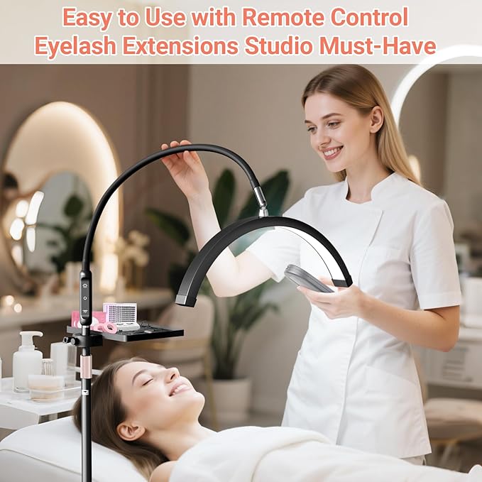 LIONVISON Half Moon Lash Light: 6500K LED Lamp Ring Light with Tray - 360° Flexible Gooseneck Durable Metal Stand - Salon Use for Lash Artists Eyelash Extensions (18In Black)