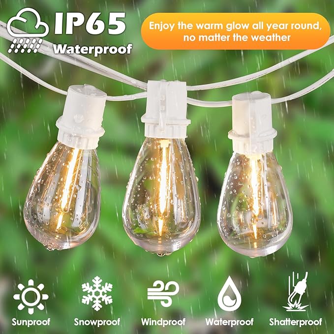 192FT(2x96FT) LED Outdoor String Lights, Linkable Patio Light with 60+3 2700K Waterproof Dimmable Hanging Bulbs for Pergola Cafe Wedding-White