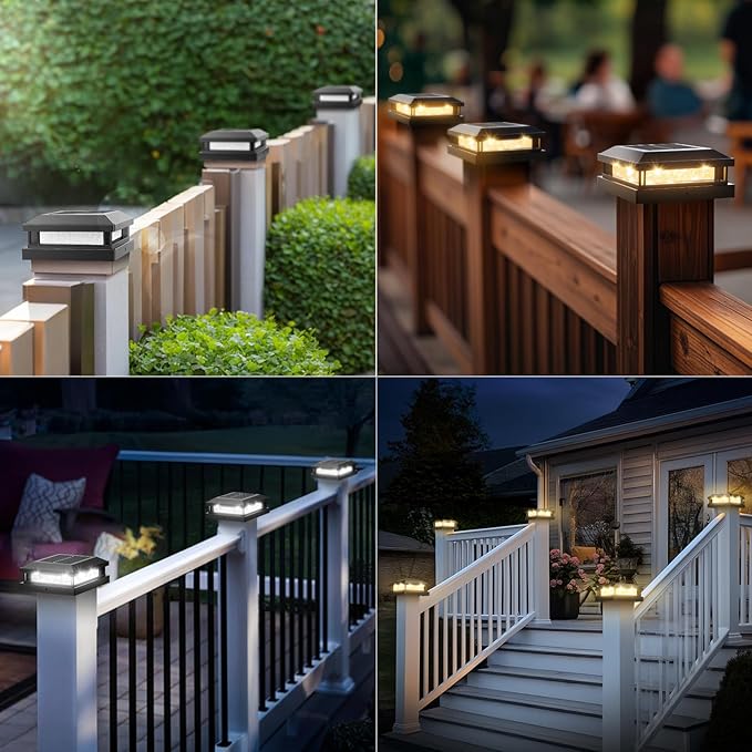 Brightever 4x4 Solar Post Cap Lights Outdoor 6 Packs, Waterproof Solar Powered Deck Post Lights for5x5 Wooden/Vinyl, Black Fence Lights with 16LEDs Warm White/Cool White for Outdoor Decoration