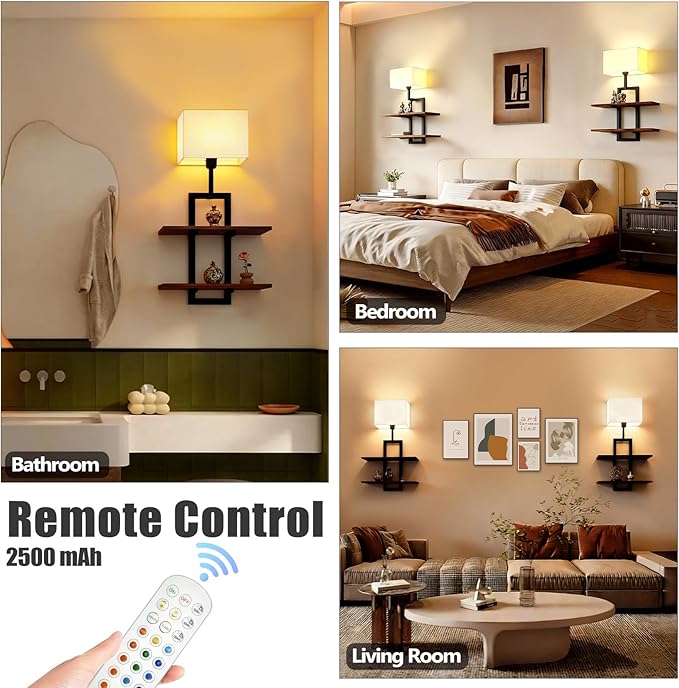 Set of 2 Battery Operated Wall Sconce with 2-Tier Shelf, Remote Wireless Rechargeable Dimmable Wall Lights with Floating Shelves, Wall Lamps for Bedroom Living Room Hallway Bathroom Decor