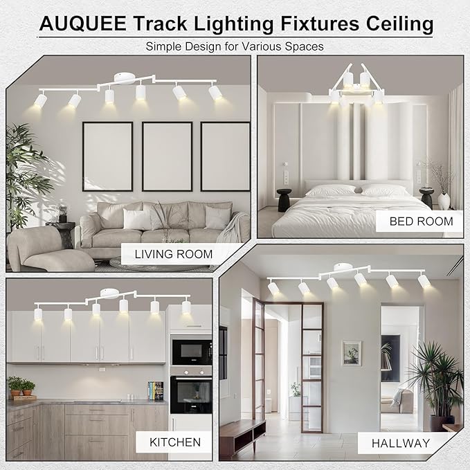 6 Light Track Lighting Fixtures Ceiling, Matte White Kichen Track Lighting Fixtures with Rotatable Light Heads, Foldable Lamp Arms, Modern LED Track Lights for Kitchen/Hallway, No GU10 Bulb