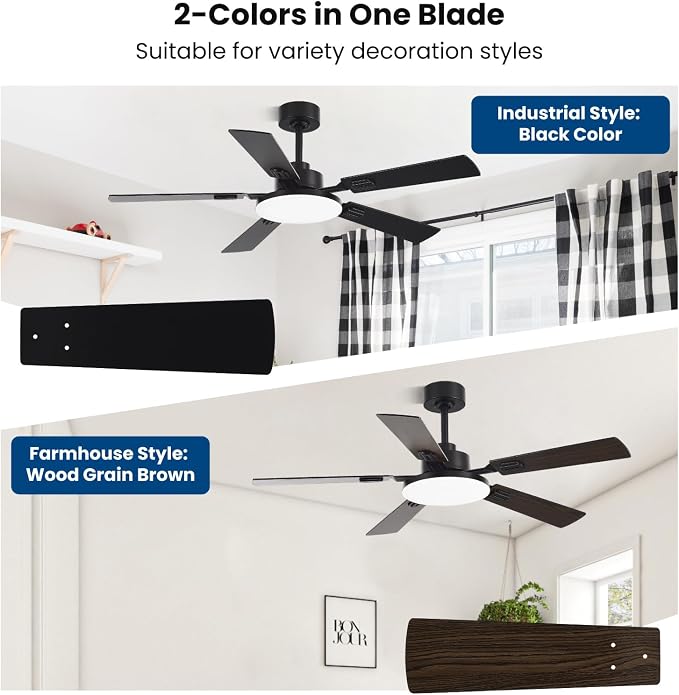 Conciseer 52 Inch Ceiling Fans with Lights and Remote for Bedroom Living Room Kitchen Office, Indoor/Outdoor Use, 6CCT Dimmable, 5 Blades, 6 Speed Reversible Quiet DC Motor, Black/Wood Grain
