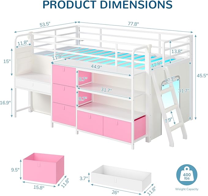Low Loft Bed Twin Size with Desk, 6 Storage Drawers & Bookshelf, Kids Loft Bed with LED Lights & Under-Bed Play Space, Heavy Duty Metal Bed Frame with 13.8"H Safety Guardrail & Ladder, White and Pink