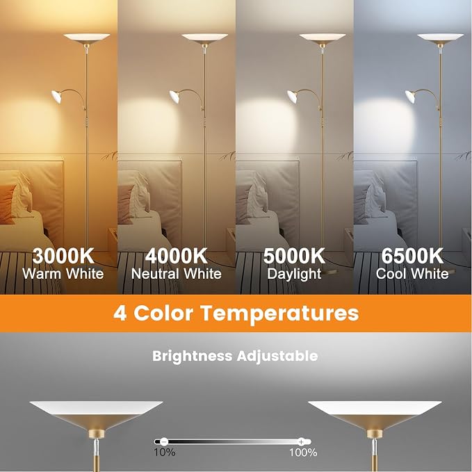 Gold Torchiere Floor Lamp - 2 Way LED Standing Lamp with Reading Light, Dimmable 72'' Tall Lamp with Remote Color Changing, 34W Mordern Uplighter for Living Room Bedroom Office