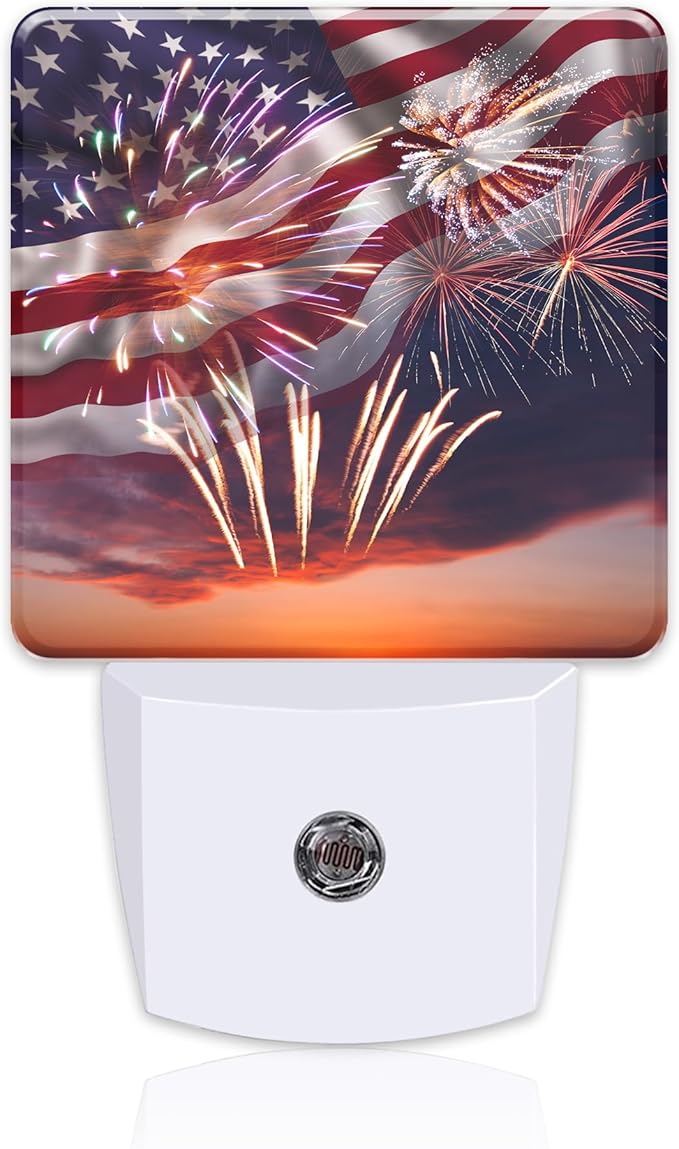 America Flag with Fireworks Night Light Plug into Wall,Retro The USA Flag Patriotic Dusk to Dawn Night Light,0.5w Energy Saving Sleep Friendly Nightlights for Kids Boys Girls Home