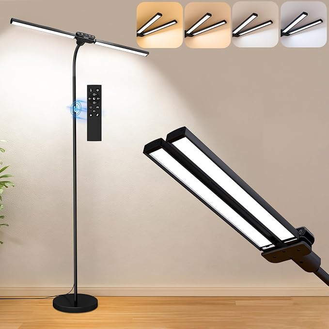 LED Floor Lamp, 24W Dual Head Dimmable Standing Lamp with Remote & Touch Control, Adjustable Gooseneck, 3000K-6500K Modern Reading Lamp for Living Room, Bedroom, Office & Crafts