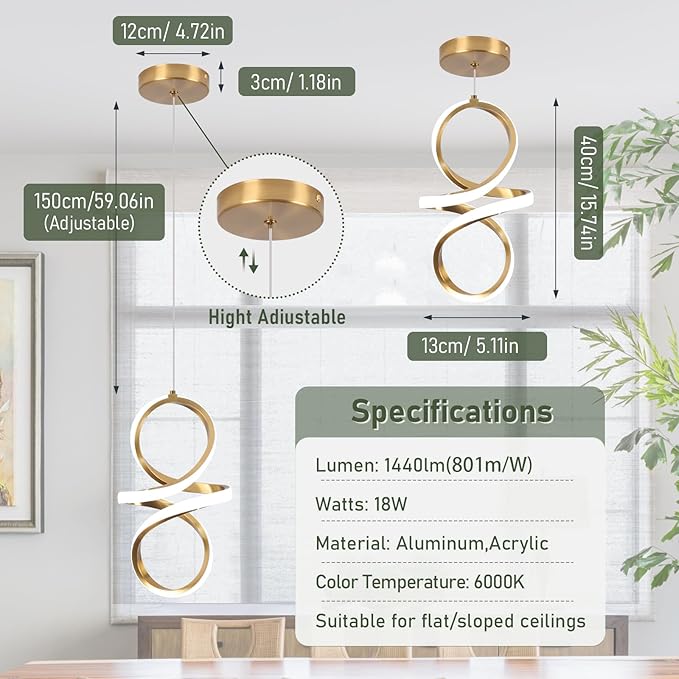6000K Modern LED Pendant Lights, 22W LED Pendant Lights Kitchen Island Lighting, Gold Adjustable Height Hanging Light Fixture for Kitchen Study Corridor Dining Room, 1 Pack