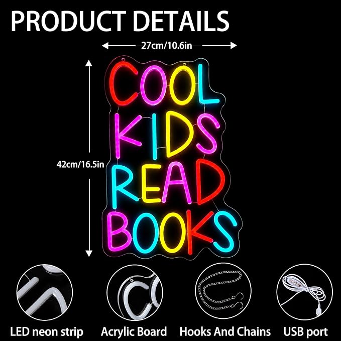 Cool Kids Read Books Neon Sign for Wall Decor Letter Reading Books Neon Light USB Dimmable Classroom LED Light Up Sign for Reading Corner Library Classroom Bedroom Decor