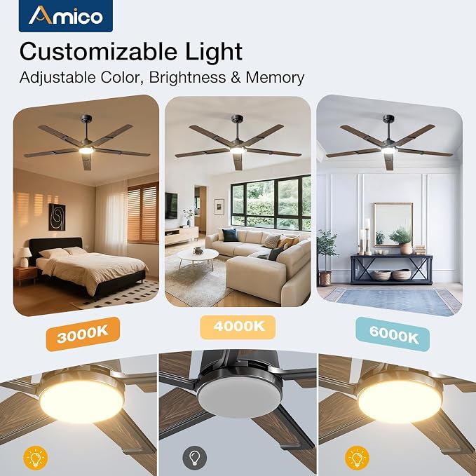 Amico 62 Inch Ceiling Fans with Lights and Remote, Walnut | 6 Speed Reversible DC Motor, 3CCT, Dimmable, Quiet, Timer, Large Modern Ceiling Fan for Living room, Indoor/Outdoor