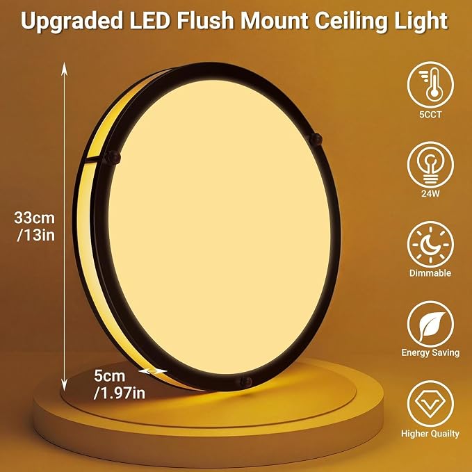 libtit 13-Inch Flush Mount Ceiling Lights, Dimmable 3000K-6500K Adjustable LED Ceiling Light, 24W Round Slim Light Fixture, Oil Rubbed Bronze for Kitchen, Bedroom, Bathroom, Hallway- 1 Pack