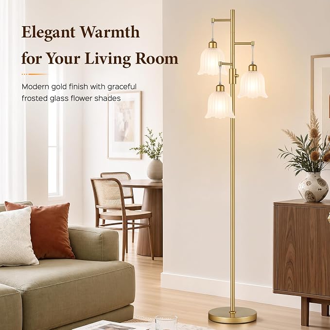 Dimmable Flower Floor Lamp, 3 x 900LM LED Bulbs Included, Modern | 70" Gold Tree Standing Lamp, 3 Lights Elegant Frosted Glass Flower Shade Vintage Floor Lamps for Living Room, Bedroom, Office