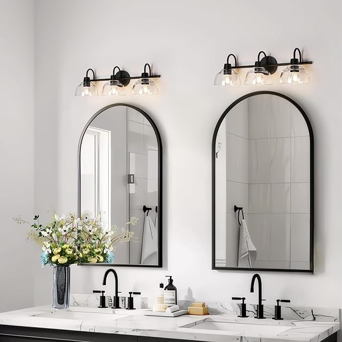 KSANA Black Bathroom Light Fixture, 3-Light Vanity Light with Large Opening Clear Glass Shade, Modern Farmhouse Wall Lamp Over Mirror