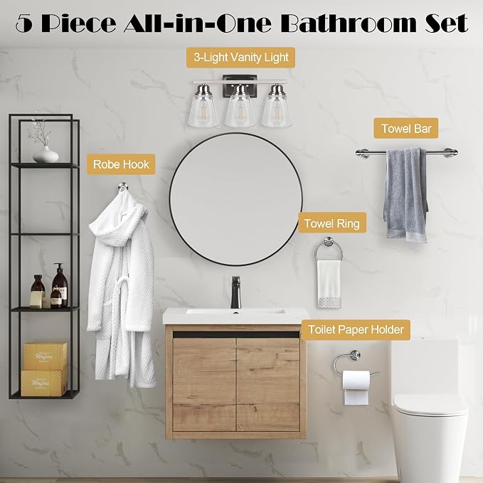 Brushed Nickel 3 Light Bathroom Vanity Light Set,5 Piece Brushed Nickel Bathroom Light Accessories Set,Brushed Nickle 3 Light Bathroom Vanity Fixture with Hardware Set