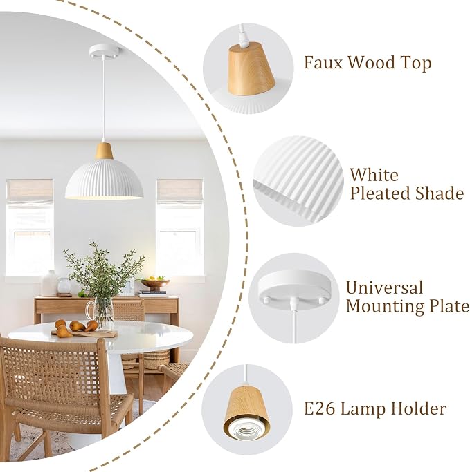 White Pendant Light Kitchen Island, 11.8" Wood Pendant Light Modern Farmhouse Dome Hanging Light for Dining Room Bedroom Bar Sink