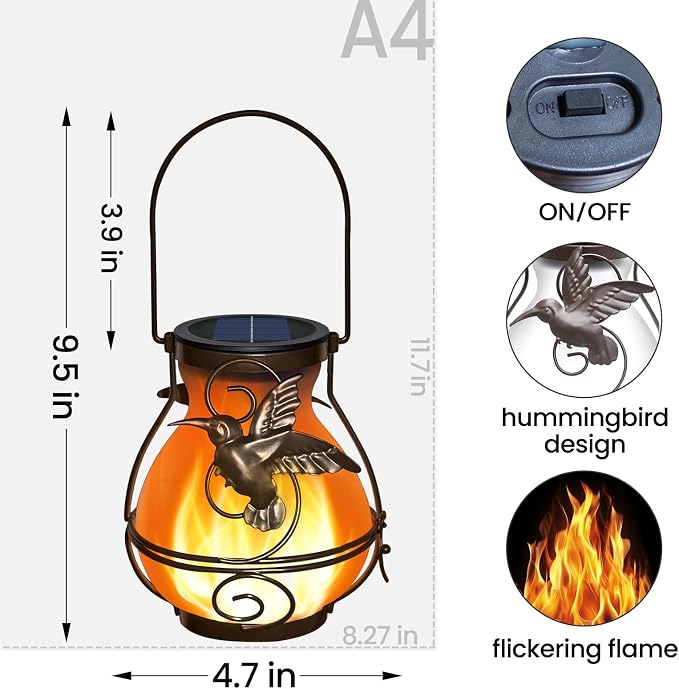 2 Pack Solar Lanterns Outdoor Waterproof , Metal Hummingbird Flickering Flame Solar Lights, Hanging Decorative Lantern for Patio Garden Porch, Gifts for Women, Mom