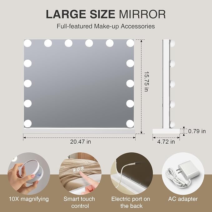 Vanity Makeup Mirror with Lights,Hollywood Vanity Mirror with 3 Color Modes,Lighted Vanity Mirror with Dimmable LED Bulbs &10X Magnification for Desk,Bedroom,Tabletop (White, 20.5" x 15.7")