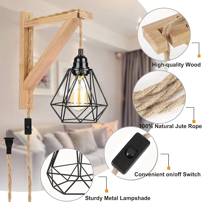 Frideko Plug in Wall Sconce Set of Two,Boho Farmhouse Hanging Wall Lamp with Plug in Cord, Wall Light with Wood Shelf Bracket for Bedroom Living Room Apartment RV Camper(Black 2pcs)