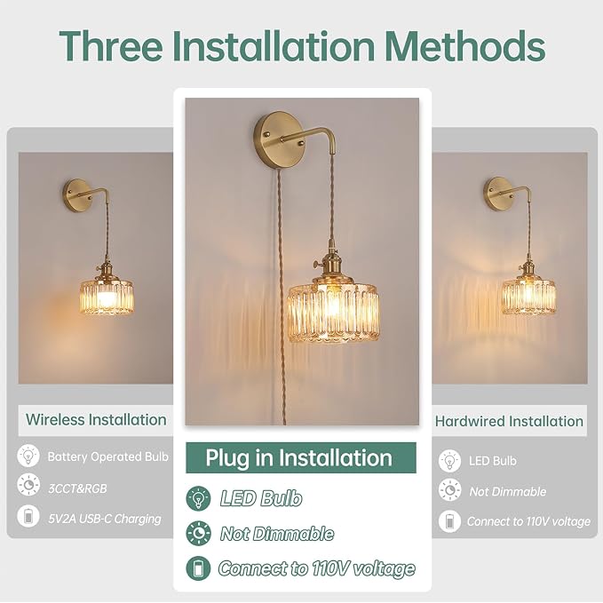 Shenmoyl Vintage Wall Sconce Wall Lamp with Amber Striped Glass Shade Hanging Wall Sconce with 4.9FT Plug in Cord, Modern Wall Lamp Fixtures Decor for Bedside Bedroom Indoor Doorway