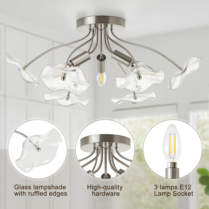 Luvkczc Semi Flush Mount Ceiling Light, Brushed Nickel Ceiling Light Fixture, Modern Floral Glass Lighting for Kitchen Entryway Hallway Bathroom Bedroom Foyer, 3 Light E12 Socket