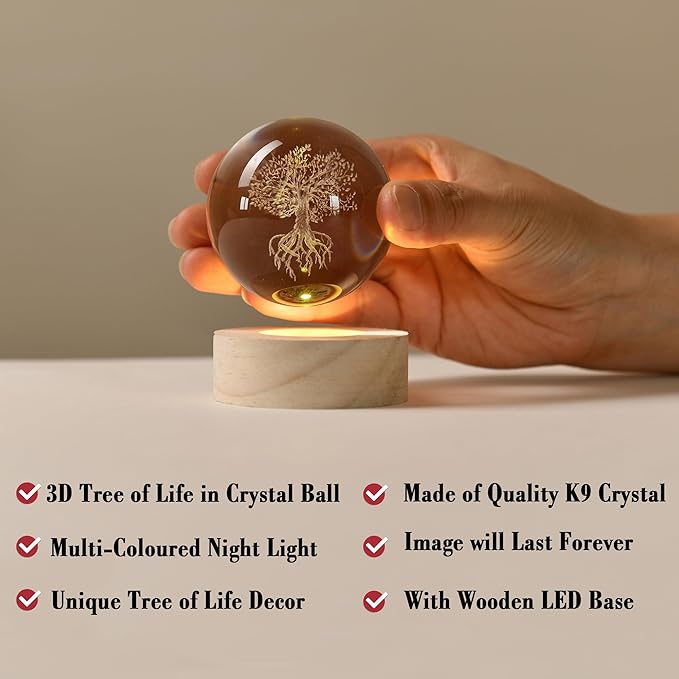 IFOLAINA Tree of Life Crystal Ball with Lighted Base Laser Engraved Glass Ball Tree of Life Night Light Decorative Globes 3D Crystal Plant Sphere Gifts for Her Birthday