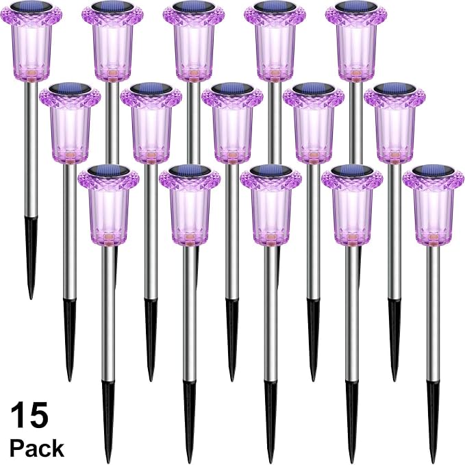 DenicMic Solar Halloween Lights Outdoor 15 Pack Purple LED Halloween Decor | Yard Garden Pathway Walkway Driveway Landscape Spike Style Starburst Light Pattern, IP65 Waterproof, Acrylic/Stainless Steel