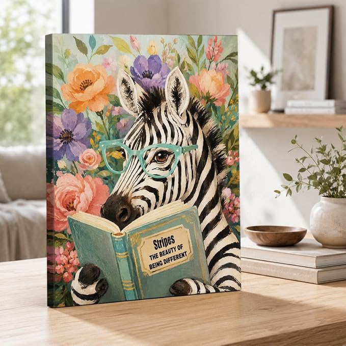 NSFBESSLIA Funny Reading Zebra Painting, Whimsical Floral Animal Decor, Stripes The Beauty of Being Different, Cottagecore Wall Art for Living Room Bedroom Entryway, 8x10 Inch