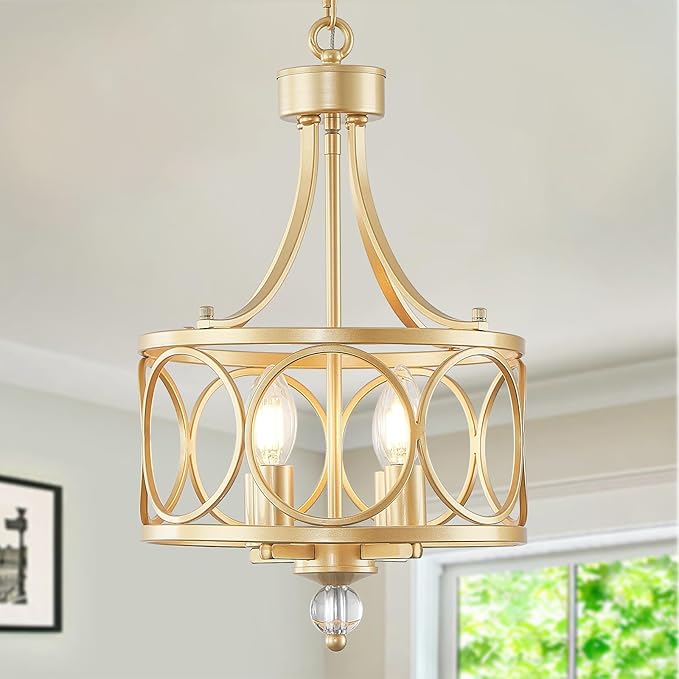 Gold Chandelier,11.2in Farmhouse Lantern Pendant Light Fixture,Adjustable Hanging Ceiling Lamp,for Kitchen Island,Bedroom,Entryway,Dining Room