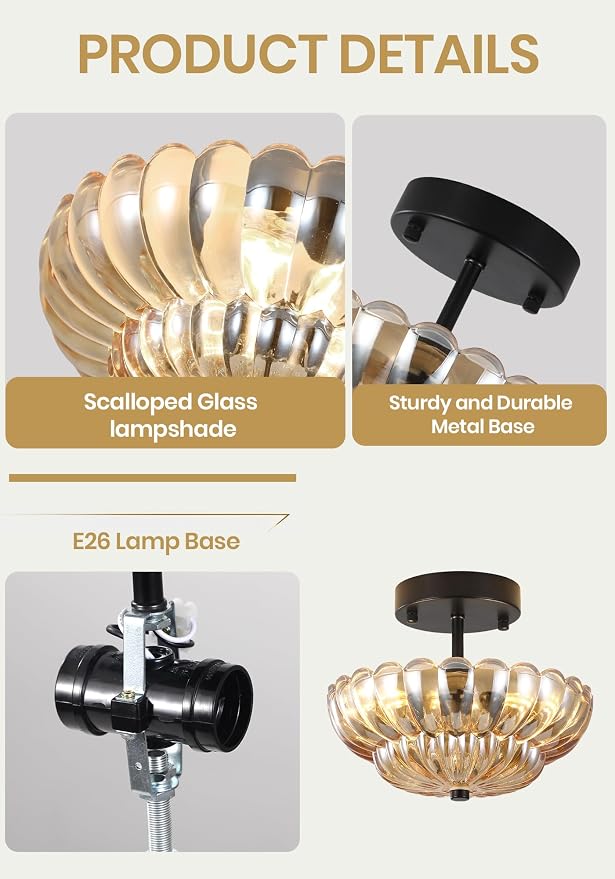 Semi Flush Mount Ceiling Light, Mini Vintage Black Close to Ceiling Light Fixture with Glass Shade, Modern Lighting for Bedroom Hallway Kitchen Laundry-Amber