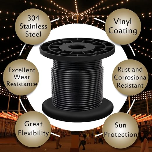 304 Stainless Steel Wire Rope Cable 3/32, Black Vinyl Coated - Outdoor Light Guide Wire for String Lights, Clotheslines - 1/16 Inch Overmolded to 3/32 Inch, 100ft