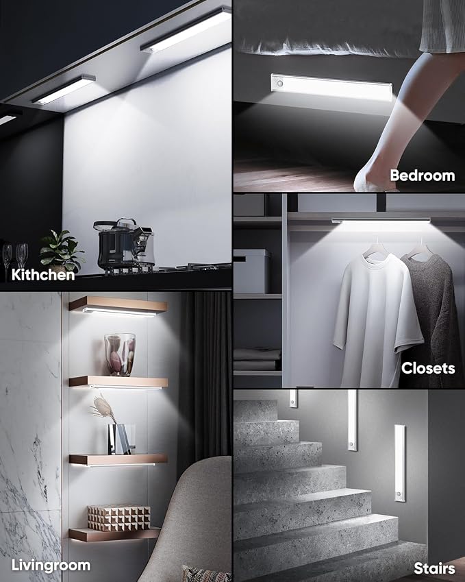 12'' Under Cabinet Lights, LED Rechargeable Battery Operated Motion Sensor Lights Indoor, 2500mAh Magnetic Wireless Closet Lights, Dimmable Under Counter Cupboard Night Light for Kitchen, Home, 5 Pack