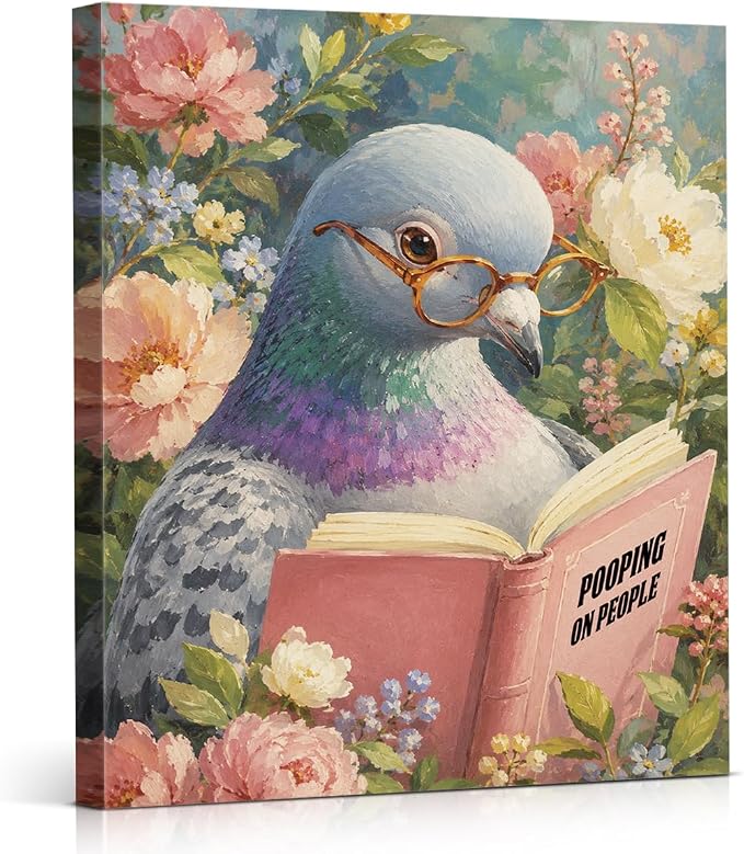 NSFBESSLIA Funny Reading Pigeon Painting, Whimsical Vintage Bird Decor, Pooping On People, Cottagecore Floral Wall Art for Living Room Bedroom Entryway, 8x10 Inch