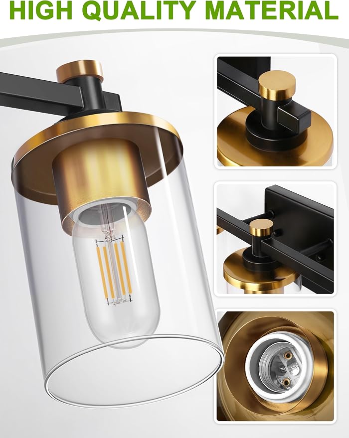 Bathroom Light Fixture, Bathroom Vanity Light Over Mirror, 5-Lights | Vanity Lights for Bathroom, Modern Lighting Fixtures with Clear Glass Shade, Black and Gold Vanity Lights, ETL Listed