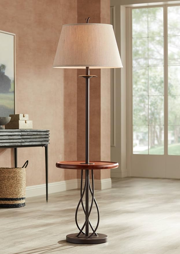 Twist 63 1/2" Metal and Walnut Tray Table Floor Lamp Living Room | Rustic Farmhouse Country Cottage Core with End 5 Wood Twisted Iron Base Brown Linen Fabric Tapered Drum Shade for Bedroom