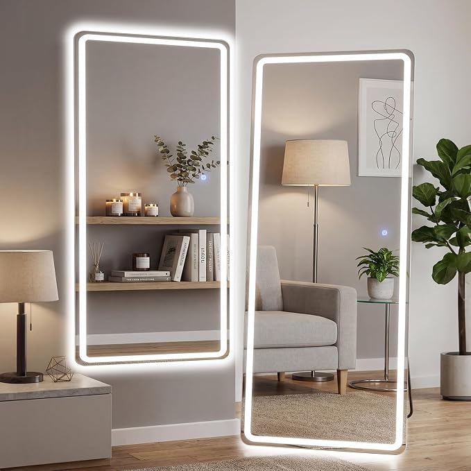 26"x71" LED Full Length Mirror with Stand, Full Body Wall Mirror | LED Lights 3 Color Lighting, Wall Hanging or Leaning, Floor Standing, Modern Simple Home Wall Decor