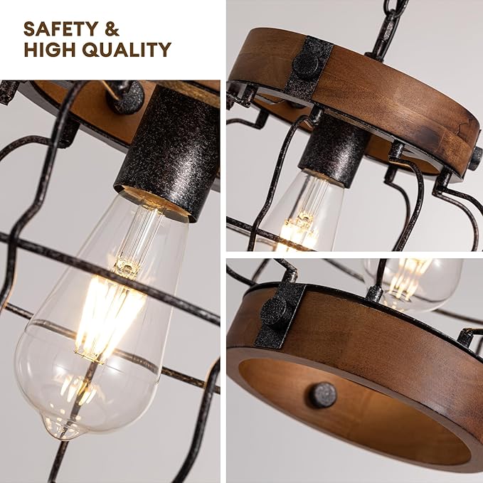 Rustic Pendant Light Fixtures, Farmhouse Chandelier, Vintage Industrial Metal and Wood Chandelier Hanging Pendant Light for Kitchen Island Foyer Hallway Bar Dining Room, D 10.2" x H 10.2"