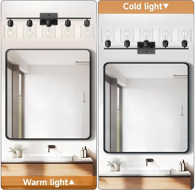 Modern 5 Light Bathroom Vanity Light, 31 inch Black Bathroom Lights Fixtures, Vanity Lights with Clear Glass for Mirror Kitchen Living Room Hallway Cabinet Porch